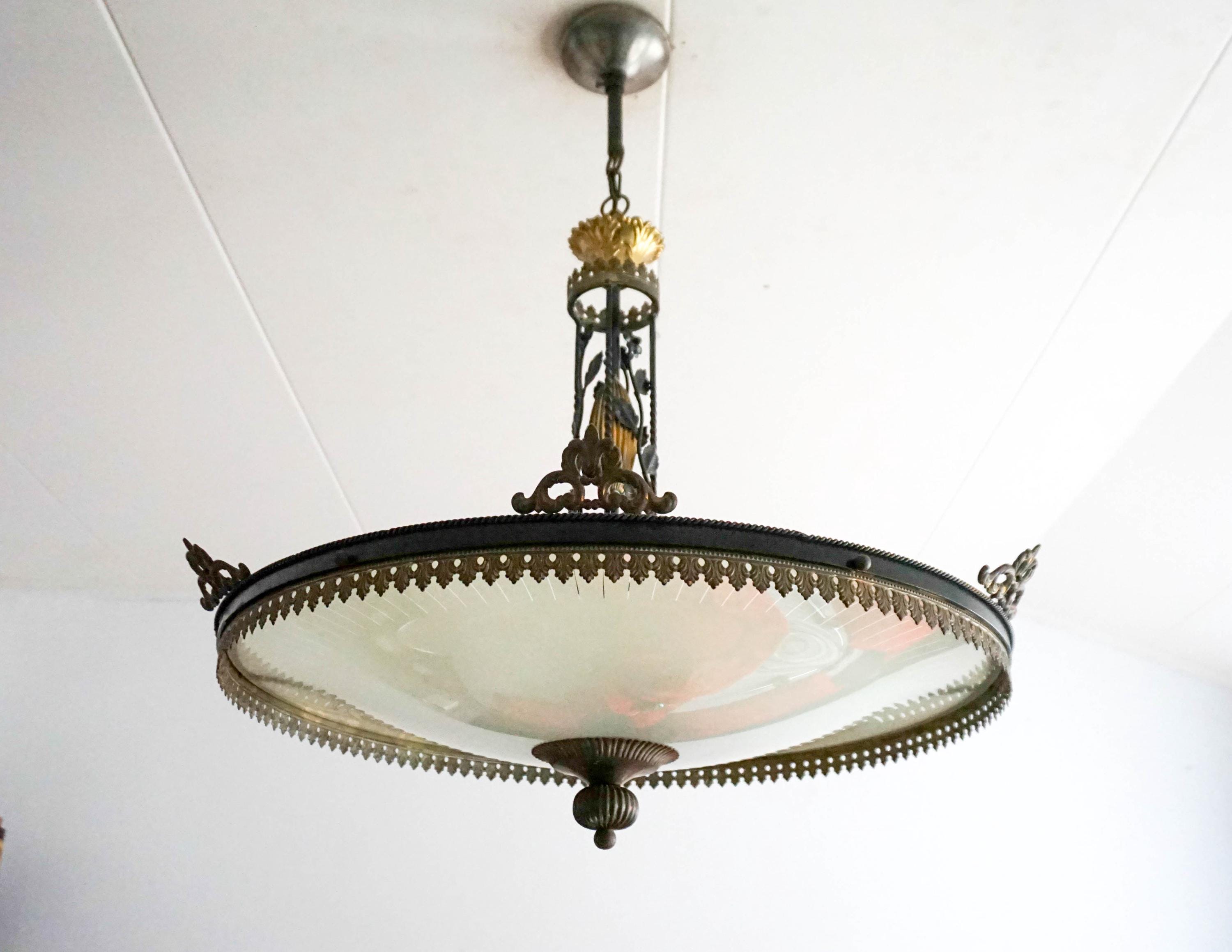 Large 1950s vintage Art Nouveau Pendant ceiling, brass glass pendant light, cream white glass
