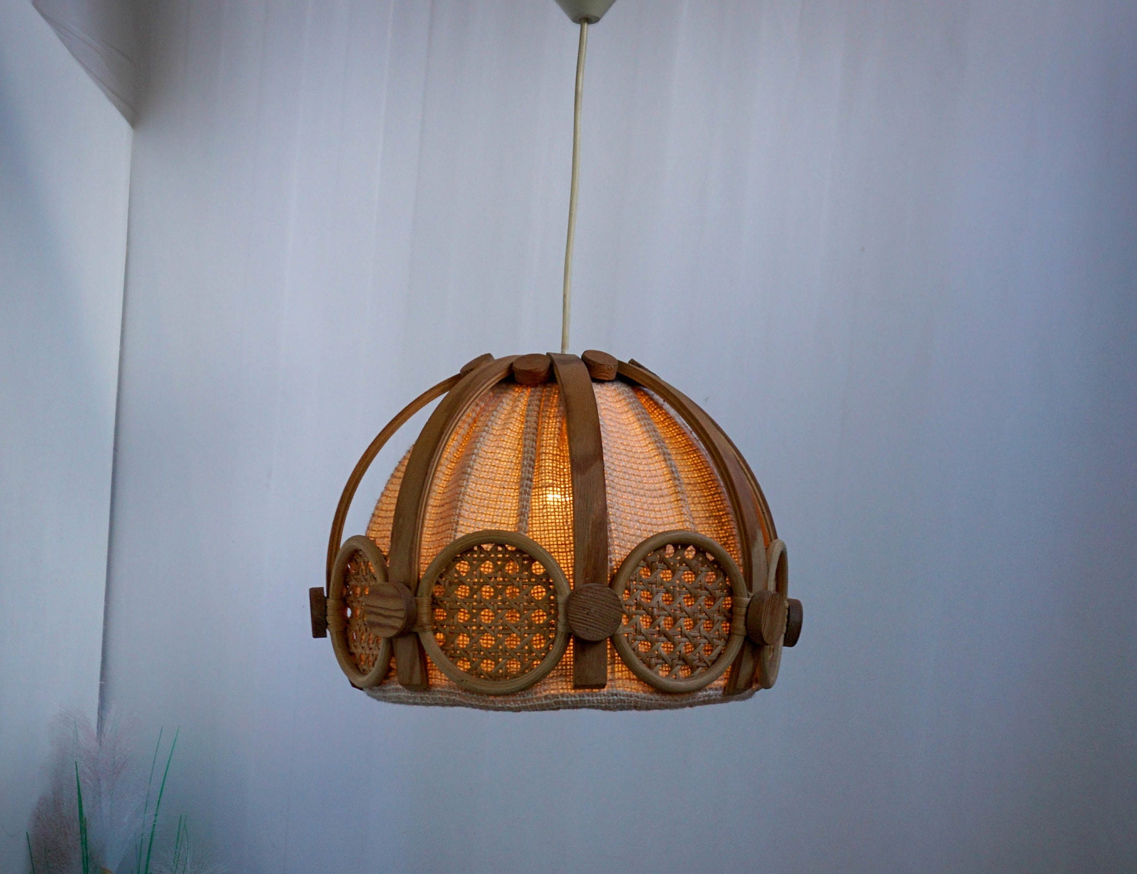 1960s , Swedish pendant, Vintage Pendant Lamp, jute, rattan, bamboo, Mid Century Modern
