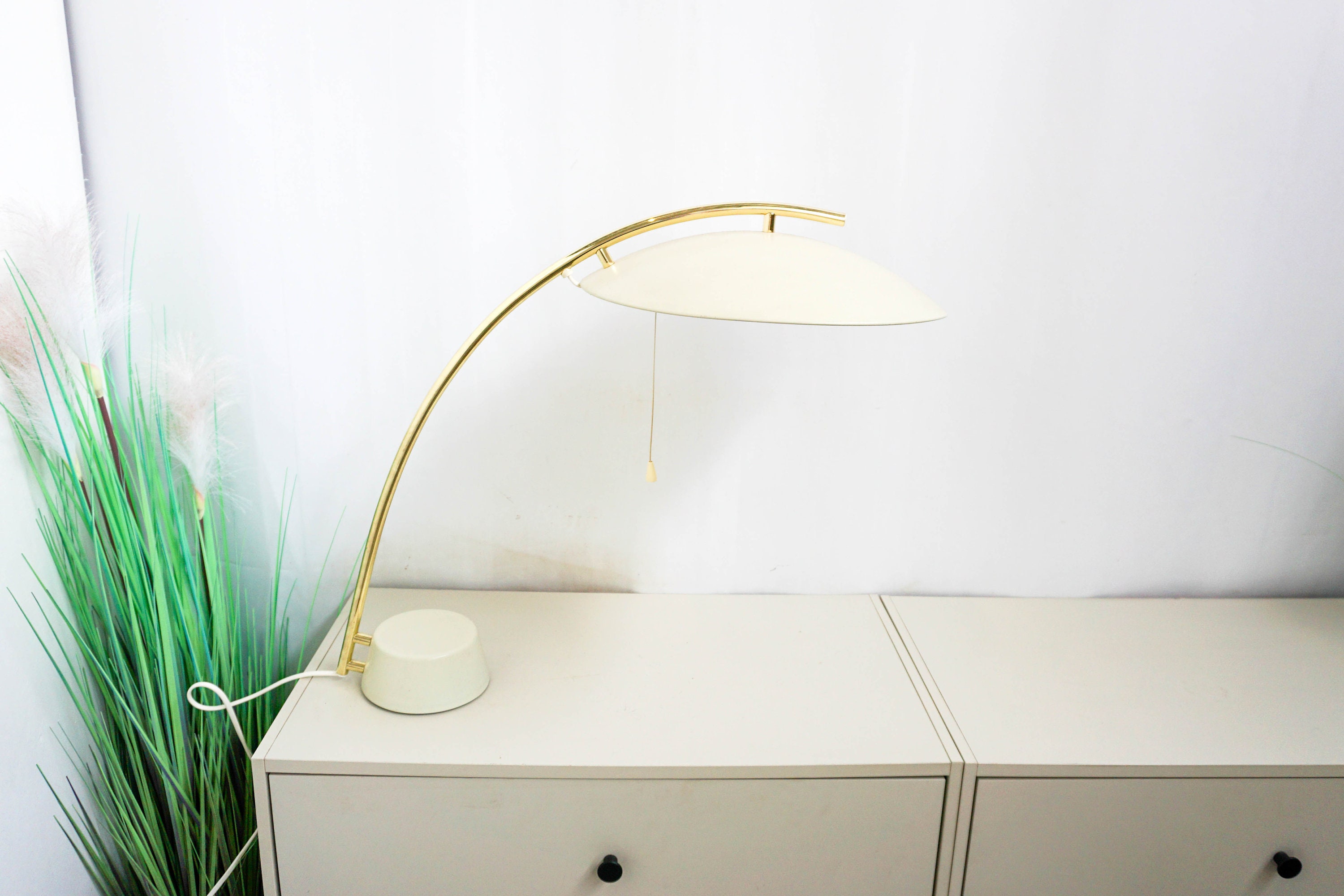 1980s Ikea, Large Desk Lamp, Type L9003 Brass, Bend, Cream White