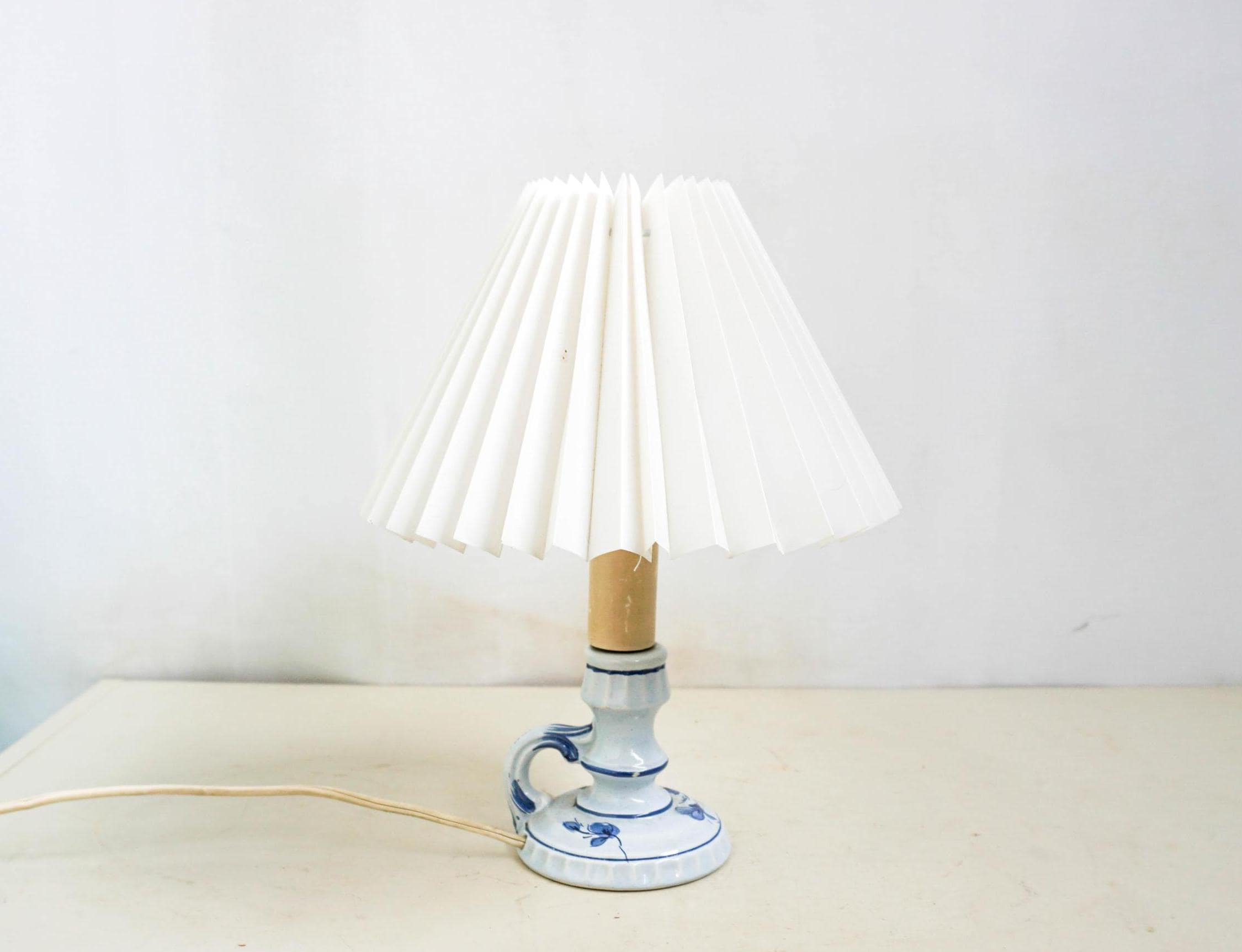 60s Delft Blue Ceramic Table Lamp,Mid Century Modern, blue base, white pleated lampshade, Dutch decoration, hand painted
