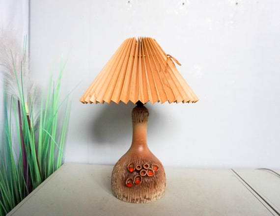 Vintage 60s Danish Ceramic Table Lamp, Mid Century Modern, brown orange base , brown pleated vintage lampshade, Denmark