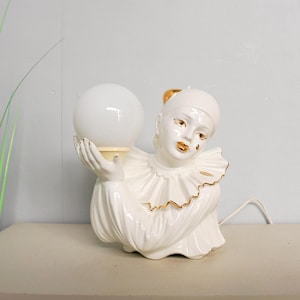 1980s Ceramic Pierrot Gourmand, Table Lamp, clown play with a glass ball, made in Italy