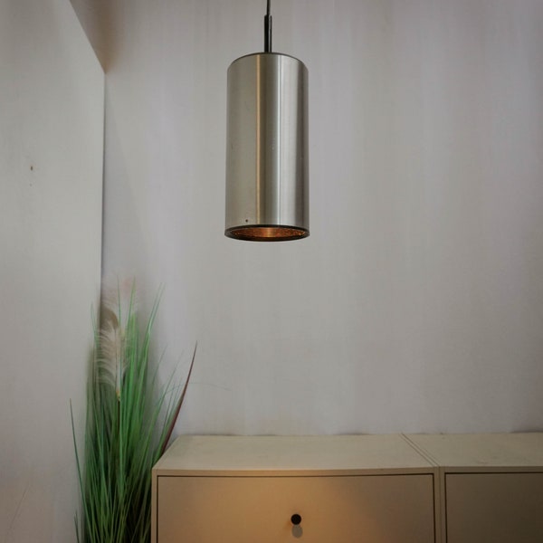 1 of 2 1960s Staff Leuchten, Minimalist, Germany, Space age Design Vintage Pendant Lamp, brushed aluminum cylinder, black top