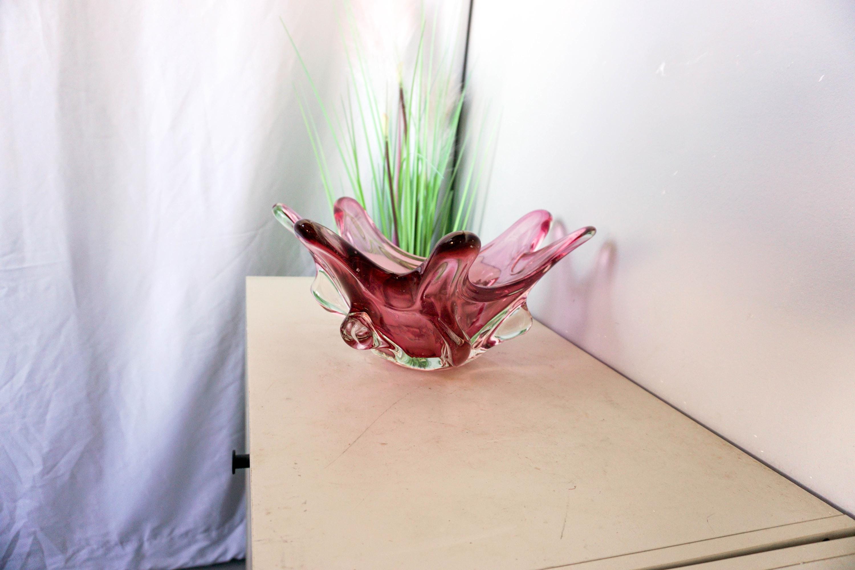 XL Splash Murano Glass Bowl, Pink, Burgundy Red, Handmade, Italian