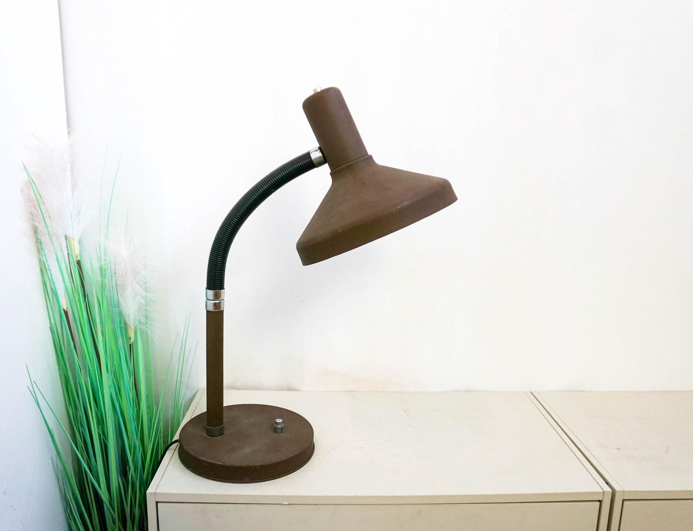1970s Herda Amsterdam, Brown Desk Lamp, XL Vintage Chrome Black