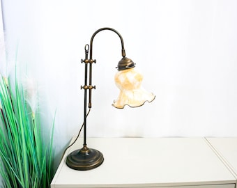 French Art Deco Table Lamp with yellow opaline glass shade and beautifully crafted bronze/brass Base. France 1970s.