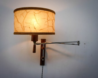 Midcentury Modern, Dutch, Teak chrome metal, swing arm, wall lamp, from the 60s Danish Design, yellow rotan vintage shade