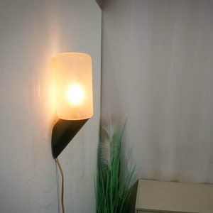 1960s German Vintage Wall Lamp white transparent glass shade, bauhaus style, black plastic wall lamp, made in Germany