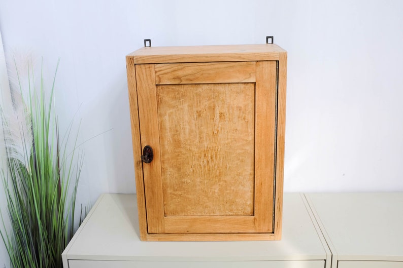 Op de afbeelding: Een licht houten wandkast met een enkele deur en een metalen sluiting. De kast heeft een eenvoudig ontwerp en is gemaakt van natuurlijk hout.
