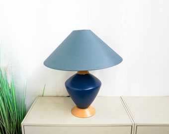 Vintage 80s danish Oak ceramic Table Lamp,Mid Century Modern, light oak wood base , blue modern lampshade, blue ceramic base