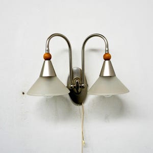 Vintage Steinhauer Lamp, wall lamp, White glass Shade, Brass, Wood, Dutch design, mid century 1980s