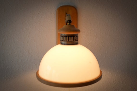 Vintage Mushroom Lamp Wall Lamp White Shade Brass Wood Dutch