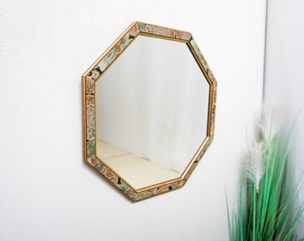 Miroir octogonal des années 1950, Hollywood Regency, moderne du milieu du siècle, néerlandais, décor floral, bois, aspect doré