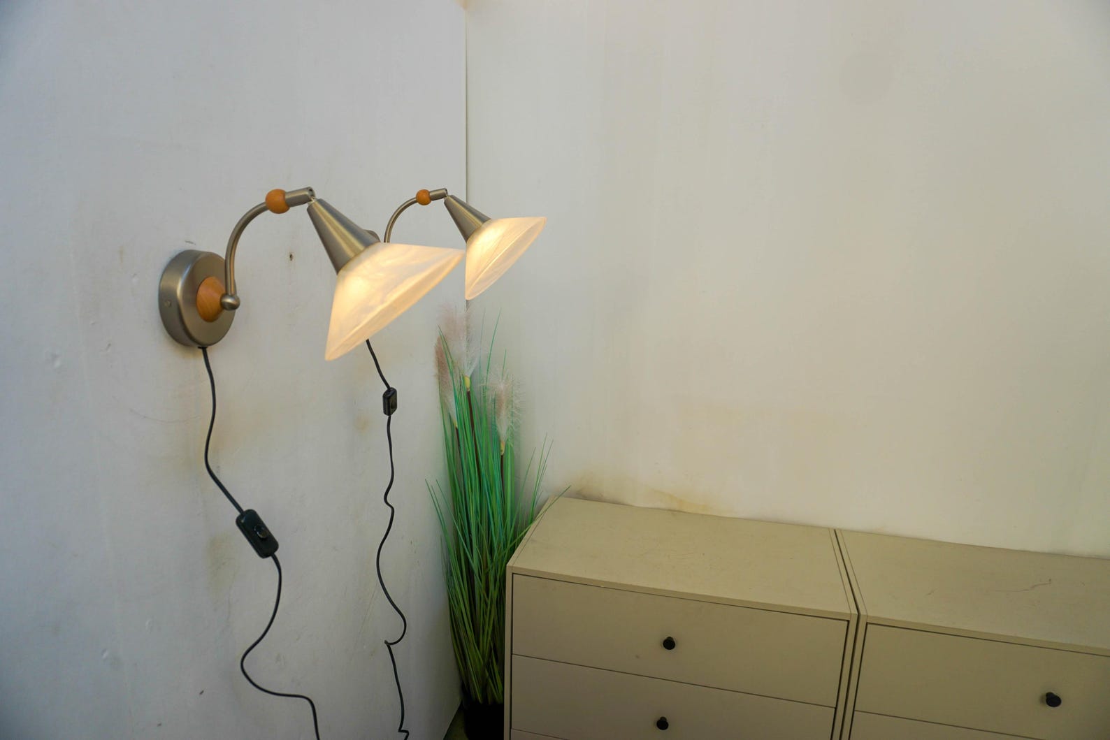 A Set Of Vintage Steinhauer Lamps, wall lamp, White glass Shade, Brushed aluminum, Wood, Dutch design, mid century 1980s