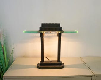 1980s, Bankers Desk Lamp, Robert Sonneman, SMC boxford, Memphis style, Postmodern, dutch design, black, glass