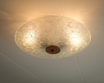 Vintage Reversed Umbrella Glass Ceiling light,Glass Pendant Lamp, teak, pressed glass, brass, philips holland, dutch design