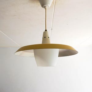1950s Philips the Netherlands, Space age Design Vintage Pendant Lamp, frosted Milk Glass, white yellow metal shade , Dutch Design