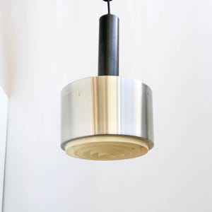1960s Staff Leuchten, Germany, Space age Design Vintage Pendant Lamp, cylinder, black, metal top, brushed aluminum