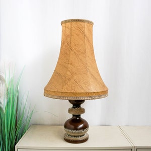 West Germany 70s Ceramic Table Lamp,Mid Century Modern, gray and brown base, cream white vintage pigskin lampshade, fat lava, space age