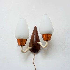 Vintage wall lamp, glass with a teak base - Danish design, dutch design from the 1960s