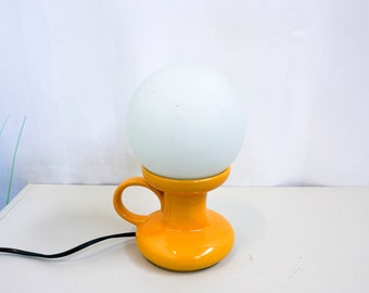 German 70s Ceramic Table Lamp,Mid Century Modern, yellow base, white opaline glass shade