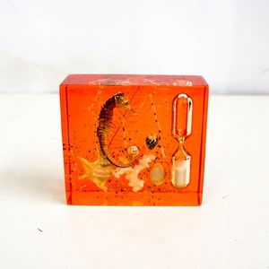 Puede incluir: Un pequeño pisapapeles de forma cúbica naranja que contiene un caballito de mar, conchas marinas y un reloj de arena. El reloj de arena está lleno de arena blanca.