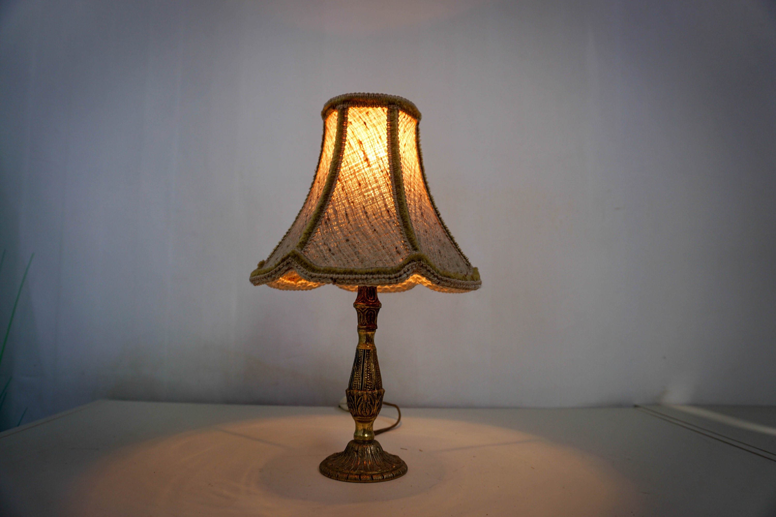 1950s Brass Table Lamp With Burgundy Cream White Brown Vintage 