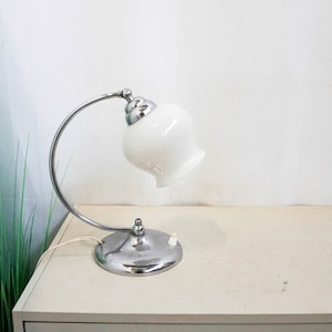 French Art Deco Bedside or Table Lamp, white opaline Glass Shade, Chrome Base, Desk lamp