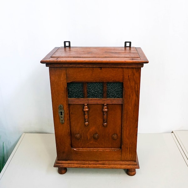 Vintage Wood Medicine Cabinet, Apothecary Cupboard, Spice Box Chest, Solid Wood, Amber Glass, Small Wall Cabinet Keycabinet