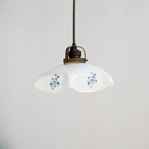 1930s French opaline Pendant Light, frilled edges, white opaline glass handkerchief lampshade, art deco, flower decor