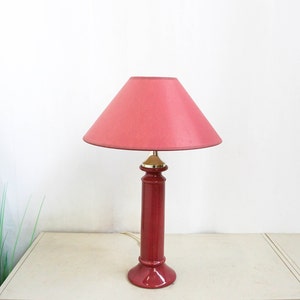 Vintage 80s Tall ceramic Table Lamp, Mid Century Modern, burgundy red base, red modern lampshade