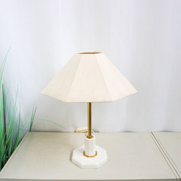 Vintage 80s Bony Design, white and gold wood Table Lamp, Mid Century Modern, white modern lampshade