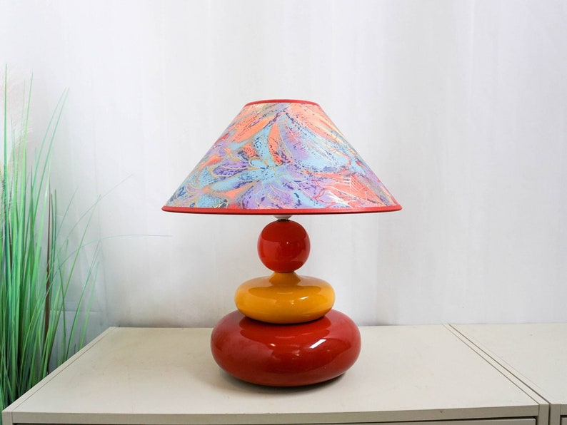 1990s Albret ceramic table lamp, made in France, red, yellow, orange, blue image 1