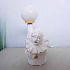 1980s Ceramic Pierrot Gourmand, Table Lamp, clown with a glass ball, made in Italy