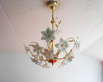Lustre vintage des années 1970, milieu du siècle, italien, Murano, fleur, art Venini, verre doré