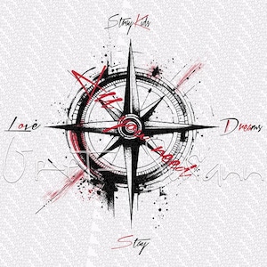 Könnte beinhalten: Ein schwarz-rotes Kompassdesign mit den Worten "Stray Kids", "Love", "Dreams" und "Stay". Der Kompass hat eine sternförmige Mitte und befindet sich auf einem weißen Hintergrund mit sich wiederholendem Muster.