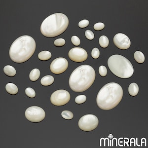 May include: A collection of white oval-shaped mother of pearl cabochons of various sizes.