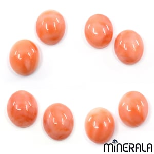 May include: Eight round, smooth, coral cabochons in various shades of pink and orange. The cabochons are arranged in a circle on a white background.