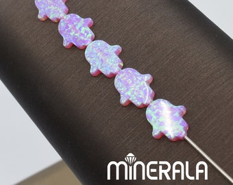 Pink Synthetic Lab Created Opal 11x13mm Palm Hamsa Hand Of Fatima Full Sideways Vertical Drilled Beads Pendant Good Luck Amulet WP027D4