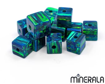 Blue With Green Sparks Synthetic Lab Created Opal Cube Sharp Corners Loose Beads Fully Drilled Hole Various Sizes Wholesale Lot WP002B0