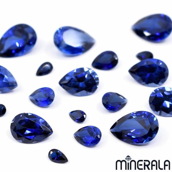 Blue Sapphire Corundum Lab Created Pear Shape Faceted Loose Gemstone Various Sizes Wholesale Lot WP02795