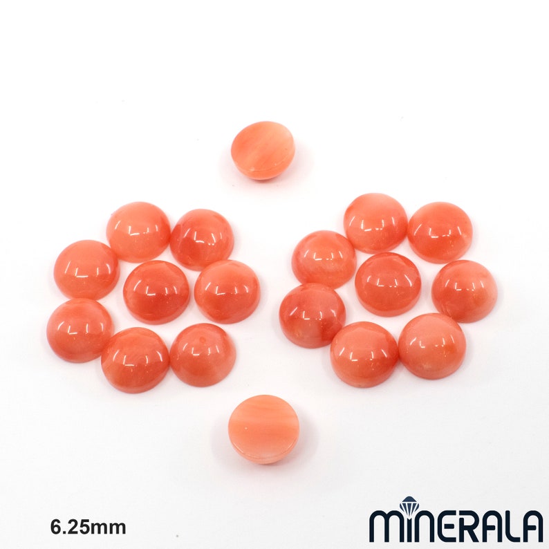 Pu&ograve; includere: Una collezione di 15 cabochon di corallo rotondi e lisci, ognuno con un diametro di 6,25 mm. I cabochon sono di colore arancio pallido con un leggero bagliore.