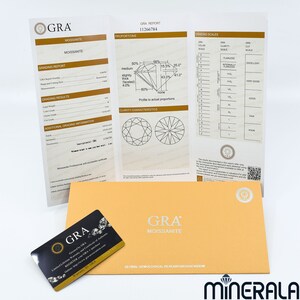 Może przedstawiać: Biało-złoty certyfikat z tekstem "GRA Moissanite" i schematem kamienia szlachetnego. Certyfikat pochodzi od Global Gemological Research Association.
