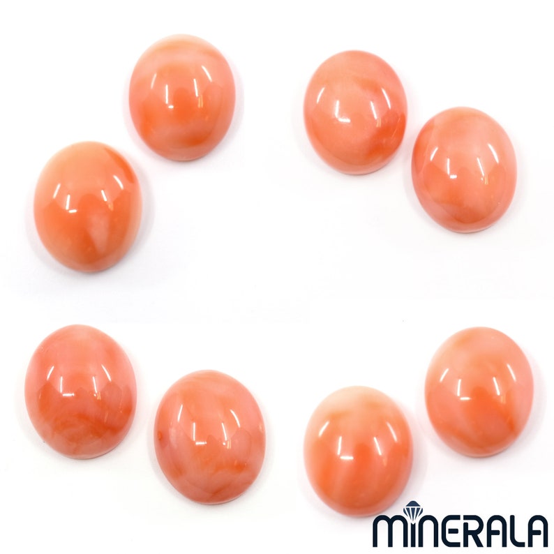 May include: Eight round, smooth, coral cabochons in various shades of pink and orange. The cabochons are arranged in a circle on a white background.