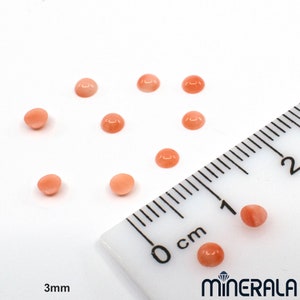 Pu&ograve; includere: Dieci cabochon di corallo rotondi di colore pesca, che misurano circa 3 mm di diametro, sono sparsi su una superficie bianca accanto a un righello. Il righello &egrave; contrassegnato in centimetri.