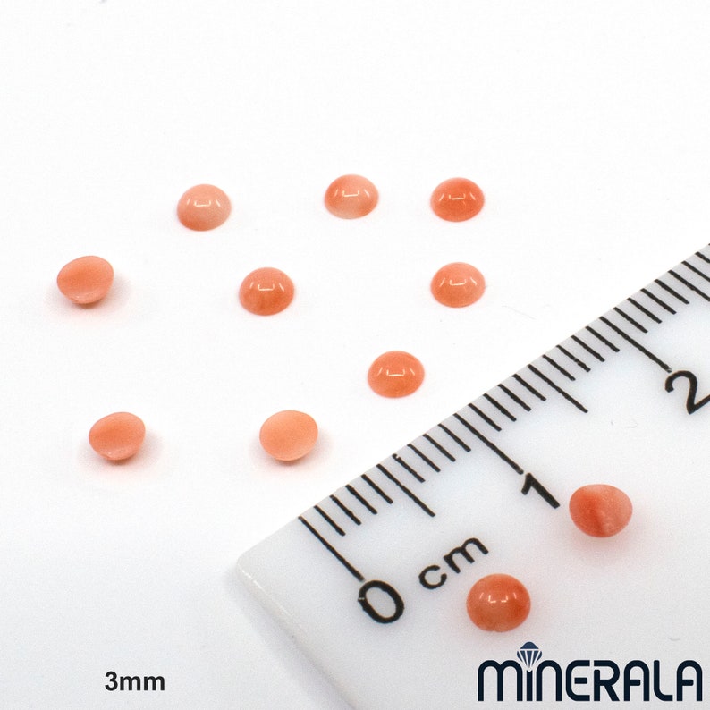 Pu&ograve; includere: Dieci cabochon di corallo rotondi di colore pesca, che misurano circa 3 mm di diametro, sono sparsi su una superficie bianca accanto a un righello. Il righello &egrave; contrassegnato in centimetri.