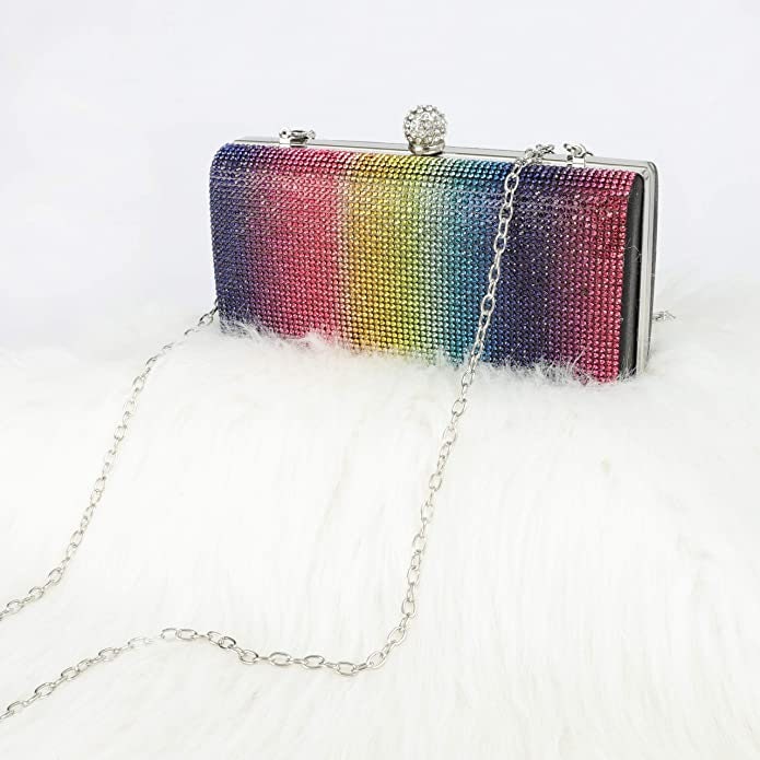 Rhinestone Rainbow Colors Clutch Purse, with Removable Strap Evening Bag  for 