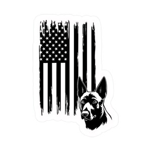 May include: A black and white sticker featuring a distressed American flag design. The flag is accompanied by a detailed illustration of a dog's head. The sticker has a white border.