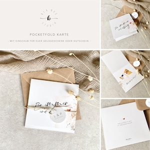 Quadratische Pocketfold Karte GRACE mit Einschub für Geld - Geldgeschenk Hochzeit mit personalisiertem Anhänger + opt. Briefumschlag