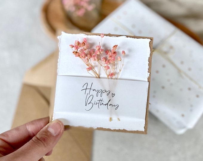 Folding card kraft paper small square torn card JENN pink Happy Birthday with dried flower + envelope